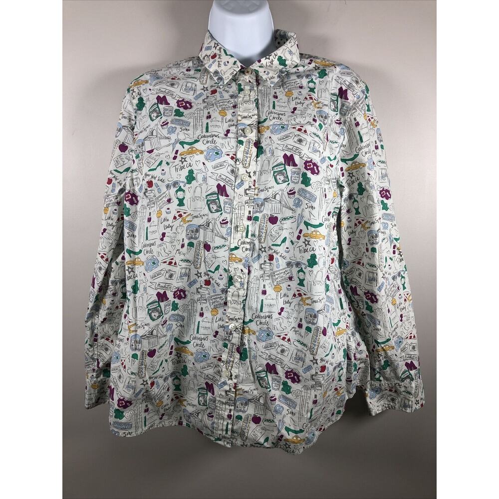 Talbots Blouse "NYC Landmark Doodle" Size LP Long Sleeve Button Up